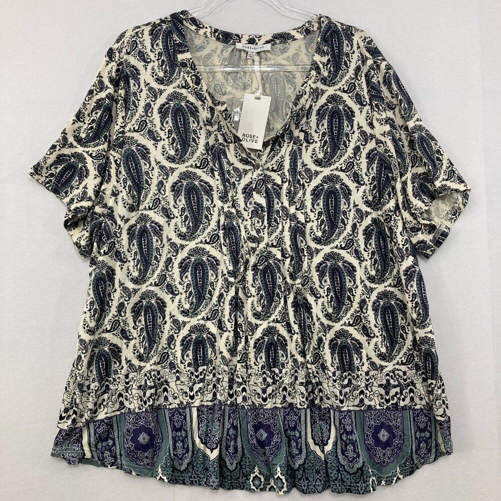New Rose & Olive size 3X V neck Blue White Paisley Stretch knit Blouse Boho
